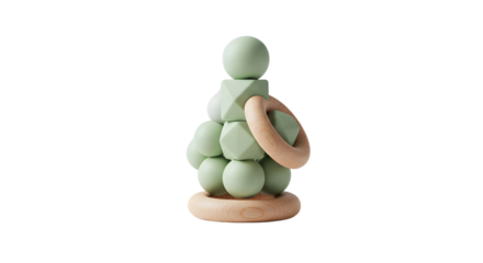 BABY TOYS - Minimalist Christmas tree made of pastel green geometric shapes with wooden rings, modern holiday decoration perfect for contemporary design projects