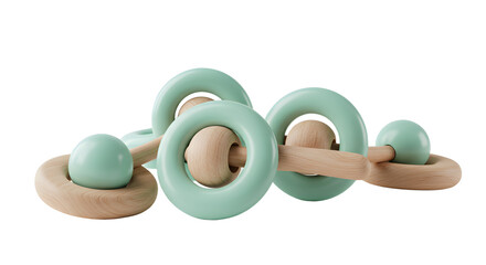 BABY TOYS - Wooden baby teething toy with pastel mint green silicone rings, safe eco-friendly infant accessory for tactile development and sensory play