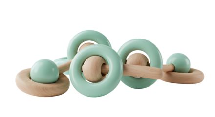BABY TOYS - Wooden baby teething toy with pastel mint green silicone rings, safe eco-friendly infant accessory for tactile development and sensory play