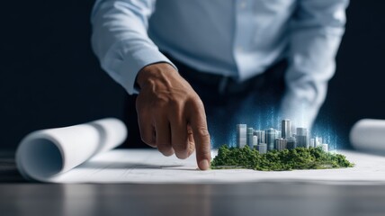 economic growth infrastructure policy. A hand points at a blueprint depicting a futuristic cityscape with greenery.