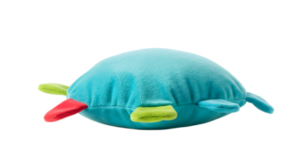 BABY TOYS - Soft blue pillow with colorful fabric tags on white background, perfect for sensory support and baby playtime