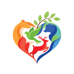 Colorful heartshaped illustration of forest animals including a fox bear deer and bird.