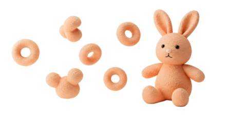 BABY TOYS - Soft peach-colored plush bunny toy with matching ring-shaped beads, ideal for children's playrooms and nursery decoration