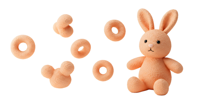 BABY TOYS - Soft peach-colored plush bunny toy with matching ring-shaped beads, ideal for children's playrooms and nursery decoration - Powered by Adobe
