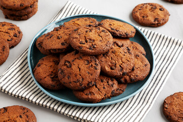 Homemade Chocolate Chip Cookies on a Plate, side view.