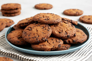 Homemade Chocolate Chip Cookies on a Plate, low angle view. Close-up.