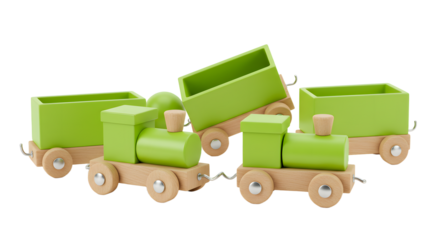 BABY TOYS - Wooden green toy train with three carriages on white background, children's playset perfect for early learning and playtime