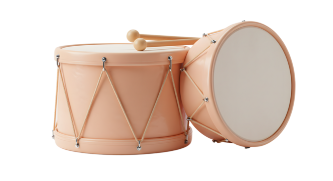 BABY TOYS - Two peach-colored toy drums with wooden drumsticks isolated on white background, perfect for children's music education and play