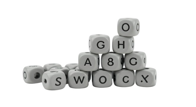 BABY TOYS - White alphabet letter dice scattered and stacked on a white background, perfect for educational games and creative projects