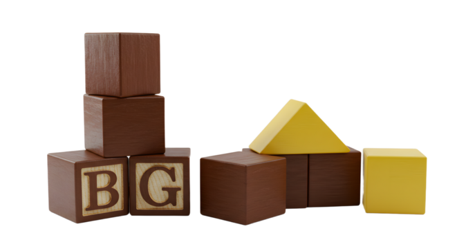 BABY TOYS - Wooden alphabet blocks with letters B and G and geometric shapes in brown and yellow, educational toy for toddlers and children
