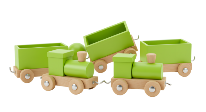 BABY TOYS - Wooden green toy train with three carriages on white background, children's playset perfect for early learning and playtime