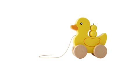 BABY TOYS - Yellow wooden duck pull toy with wheels and string on white background, classic toddler toy for early childhood development