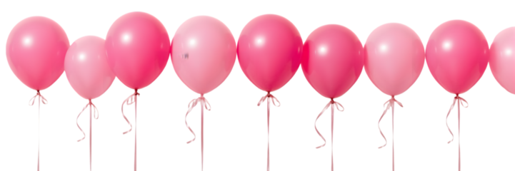 Balloons in Row: A vibrant line of pink balloons floats against a bright background, each tethered with delicate ribbons. The balloons create a sense of celebration. 