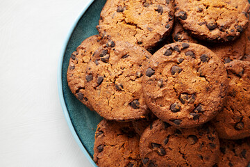 Homemade Chocolate Chip Cookies on a Plate, top view.