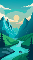 Illustration of mountains river and sky landscape