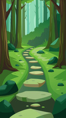 A winding path through a cartoon style green forest