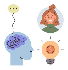 Human head with tangled brain, speech bubble, smiling woman, light bulb with money sign. Ideal for creativity, communication, decision-making, problem-solving, innovation mental health intellectual