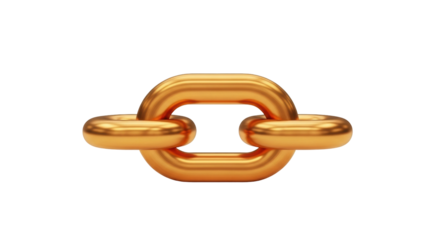Isolated close-up of a shiny gold chain link with a smooth, round, interconnected design