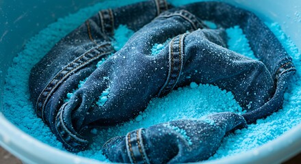 Jeans in a blue basin with powder detergent for cleaning process