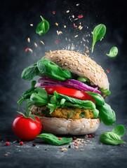 Delicious vegetarian burger with fresh vegetables