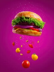 Floating burger with vibrant ingredients purple backdrop