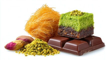 Sweet delights: assorted chocolate, pistachio treats, traditional kataifi