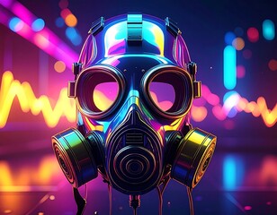 A vibrant, metallic gas mask against a bokeh-filled, glowing background