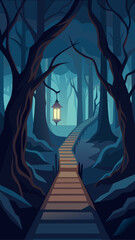 Pathway through a dark forest with hanging lantern
