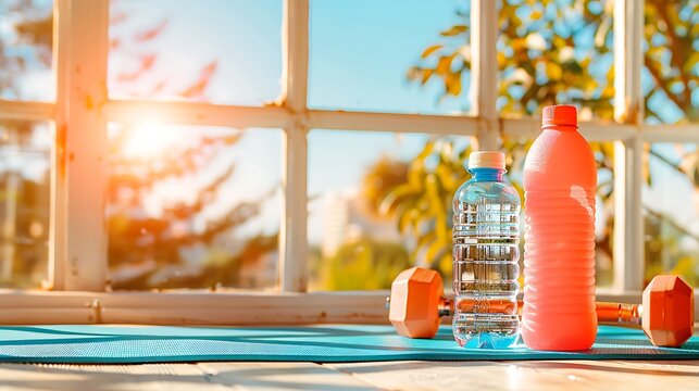 Exercise bottles and dumbbells near window with bright outdoor scenery