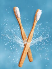 Eco-friendly bamboo toothbrushes splashing in water for sustainable living concept