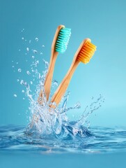 Eco-friendly bamboo toothbrushes in water splash