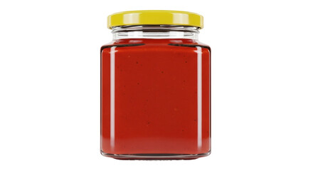Isolated jar of red sauce is sealed with a yellow lid and ready to sell for profits