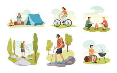 Outdoor activities and recreation collection with camping hiking and biking