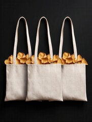 Three canvas tote bags filled with dried botanicals