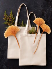 Simple canvas tote bags with dried flowers on dark background