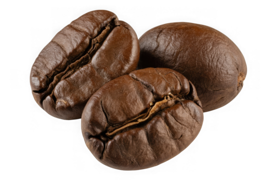 Macro close-up of three roasted coffee beans showing detailed texture and color variations
