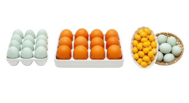 Isolated assortment of colorful easter eggs with bright colors in various serving dishes