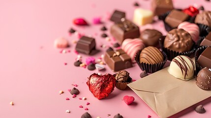 Assorted chocolates and heart candies scattered on a pink surface near mail