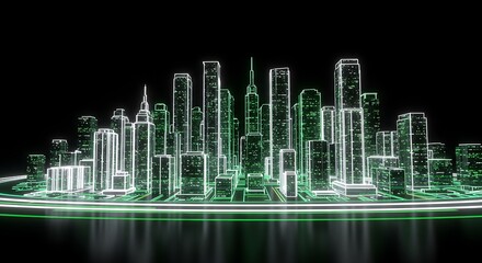 Neon cityscape silhouette digital rendering against black background
