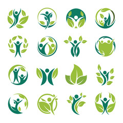 Vector collection of green nature logos featuring abstract people and leaves for wellness ecology and life concepts.
