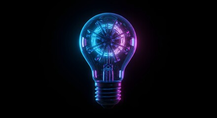Neon lightbulb illuminated on black background concept of idea and innovation