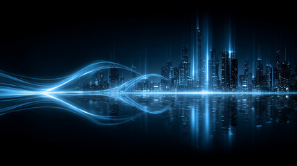 A futuristic cityscape illuminated by glowing blue light trails, symbolizing advanced technology, innovation, connectivity, and the pulse of the digital world.
