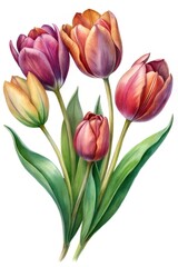 Watercolor painting of a beautiful bouquet of colorful tulips on white background