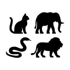 Vector illustration set of animal silhouettes cat elephant snake and lion