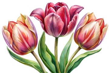 Fototapeta premium Elegant Watercolor Painting of Three Vibrant Tulips in Full Bloom on White