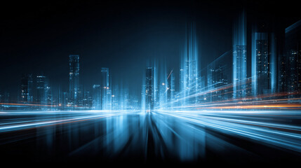 A futuristic cityscape illuminated by glowing blue light trails, symbolizing advanced technology, innovation, connectivity, and the pulse of the digital world.
