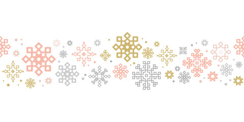 Fototapeta premium Abstract snowflake seamless border pattern in pastel colors. Snowflakes seamless texture backdrop For winter holidays designs, packaging, prints,web banners, abels,winter branding. Vector illustration