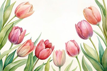 Fototapeta premium Watercolor painting of pink tulips in bloom on a white background