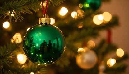 Close-up of a green Christmas ball. Ornament. Luxury. LED lights.