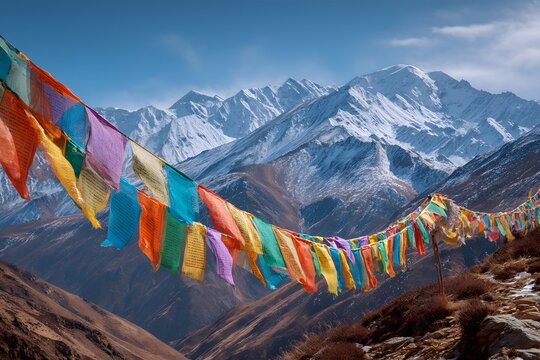 Colorful Himalayan prayer flags fly in the wind across a majestic mountain landscape.
